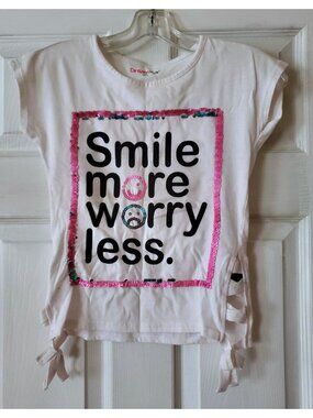 DREAMSTAR GIRLS SMILE MORE WORRY LESS SEQUIN SHIRT SIZE M 10/12